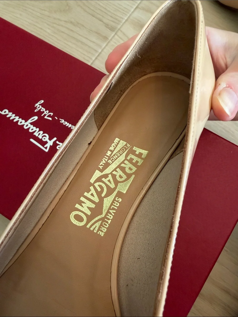 Salvatore Ferragamo Beige Patent Vara Bow Pumps